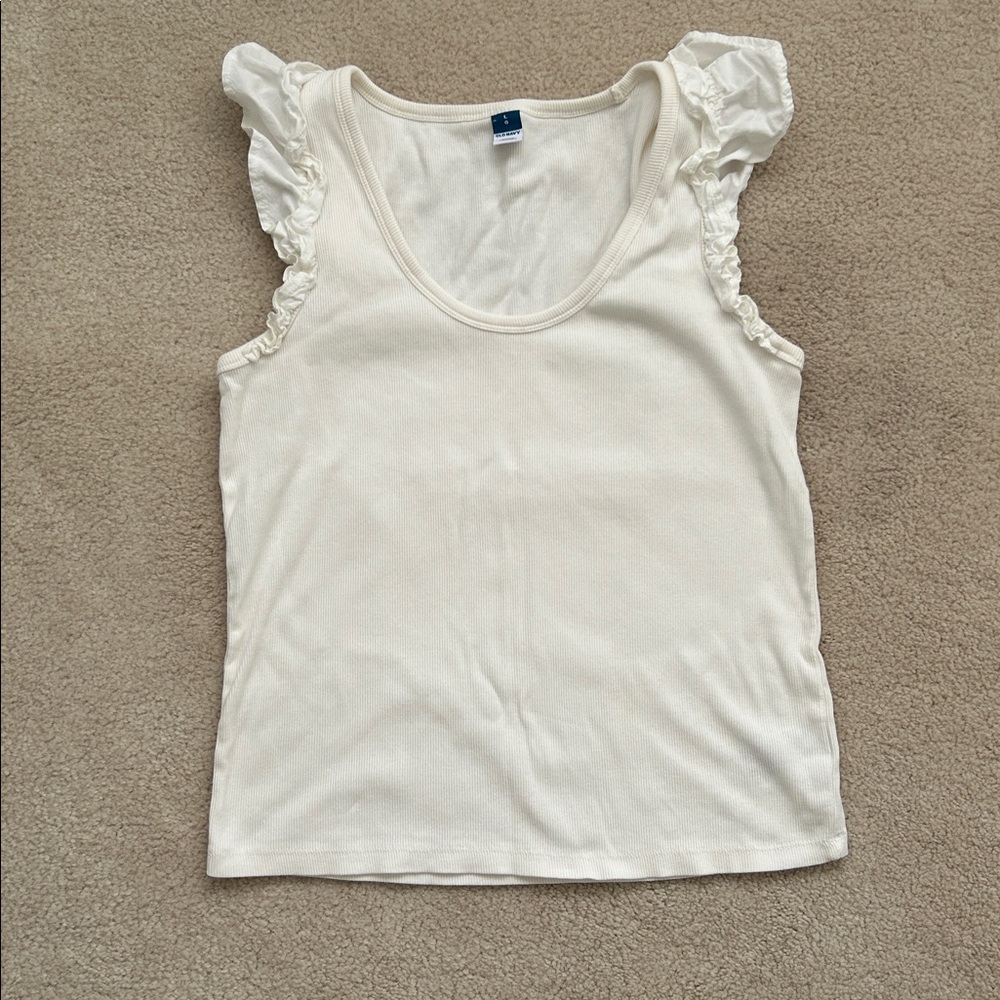 Old Navy Off-White Ruffle Sleeve Ribbed Tank Top - Size L